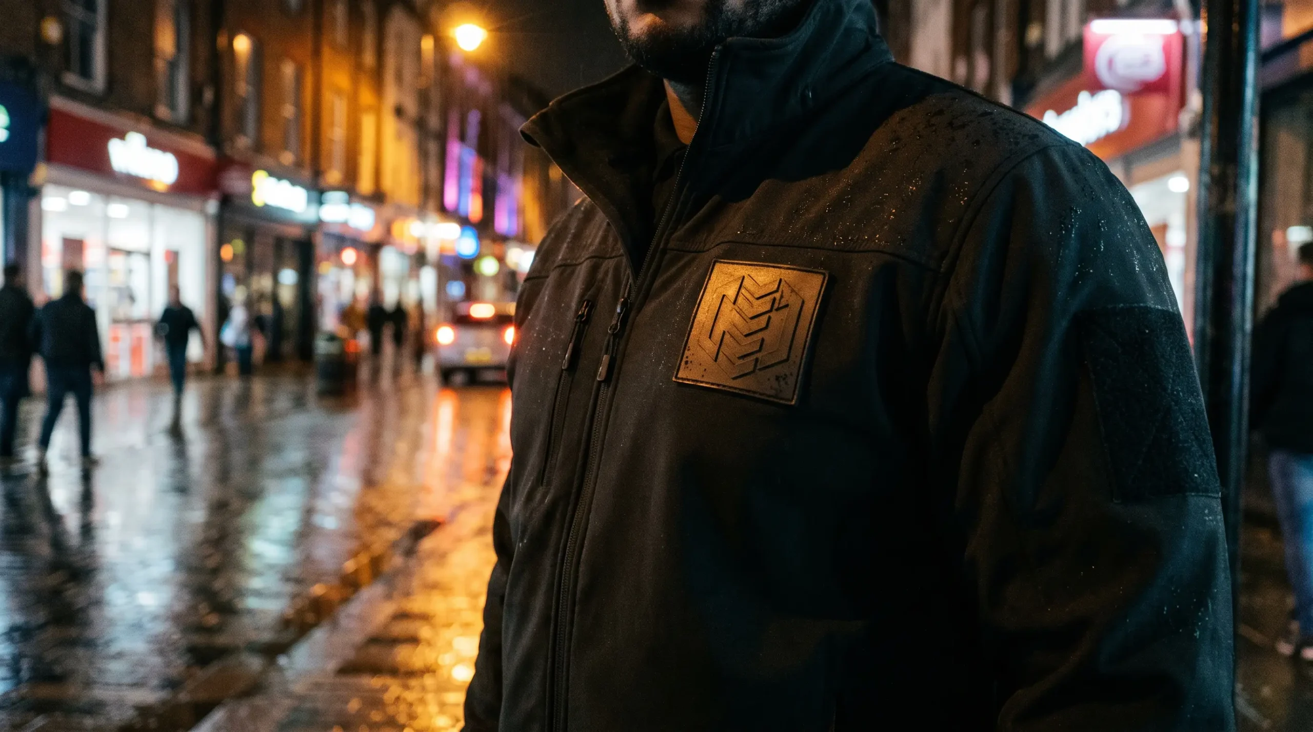 UK door supervisor wearing a moulded rubber security patch on a black softshell jacket at night