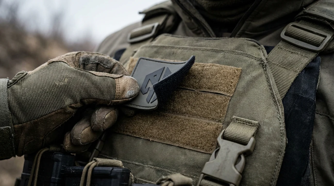 Velcro-backed PVC patch being attached to tactical gear