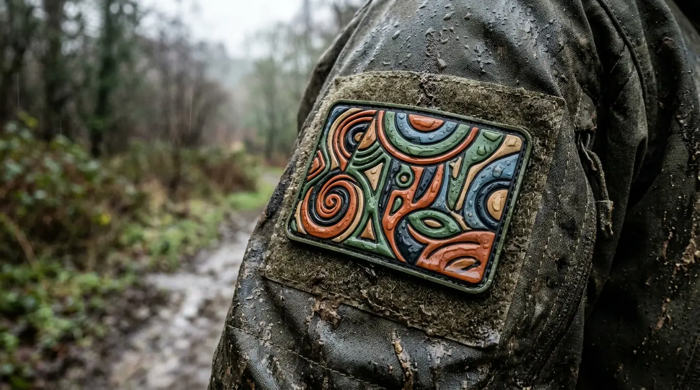 Water beading on a durable custom morale PVC patch outdoors