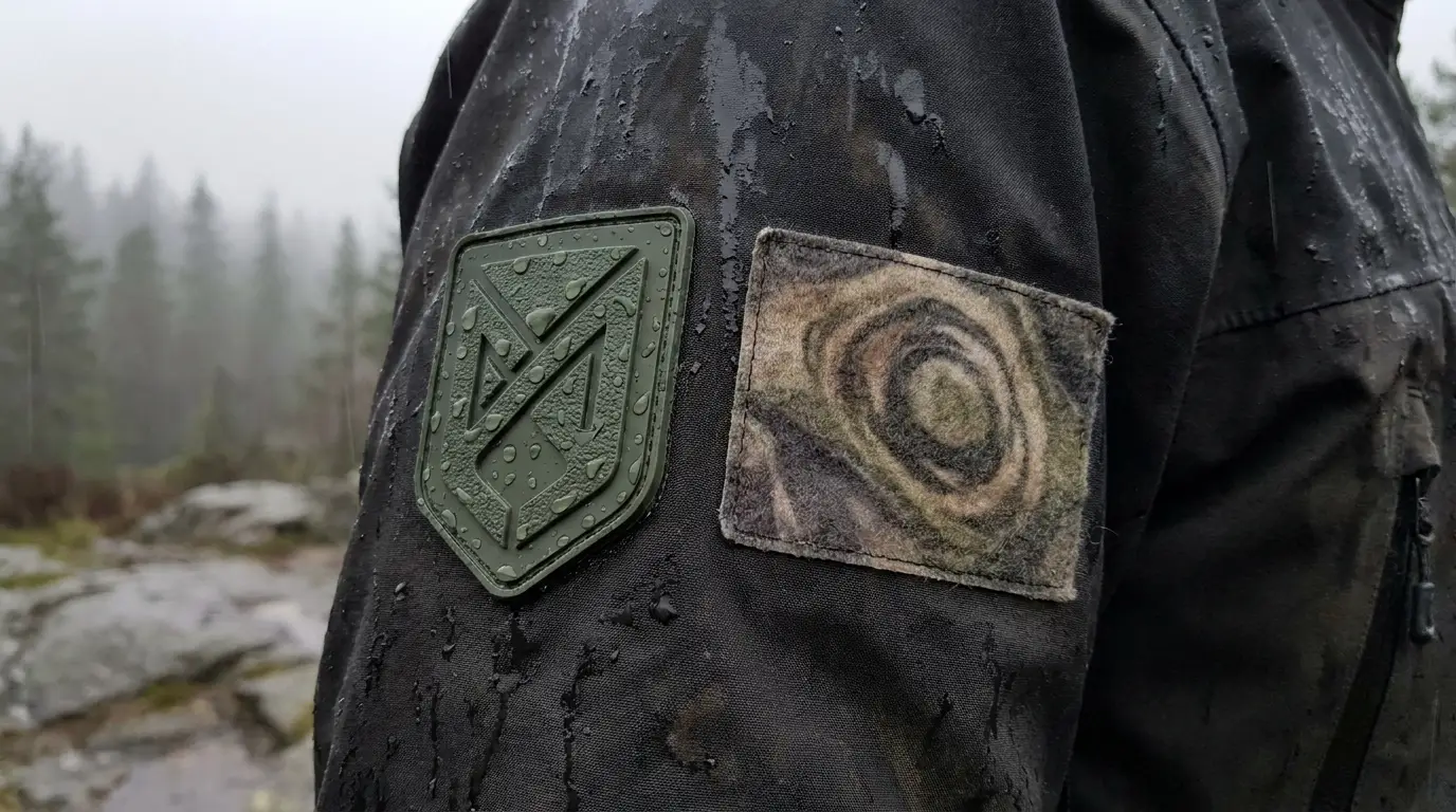 Water beading on a rugged moulded PVC patch on wet outdoor clothing