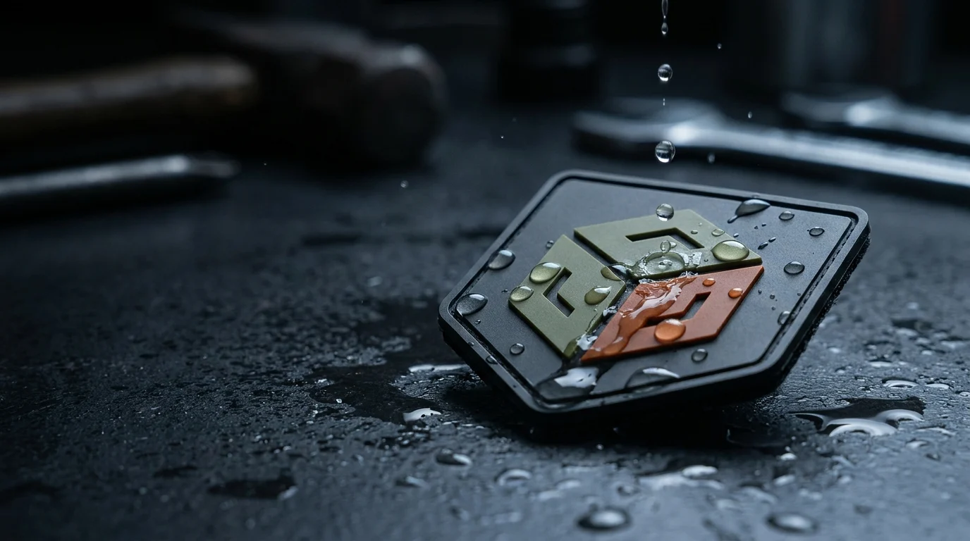 Waterproof moulded PVC patch with water droplets beading on its non-porous surface