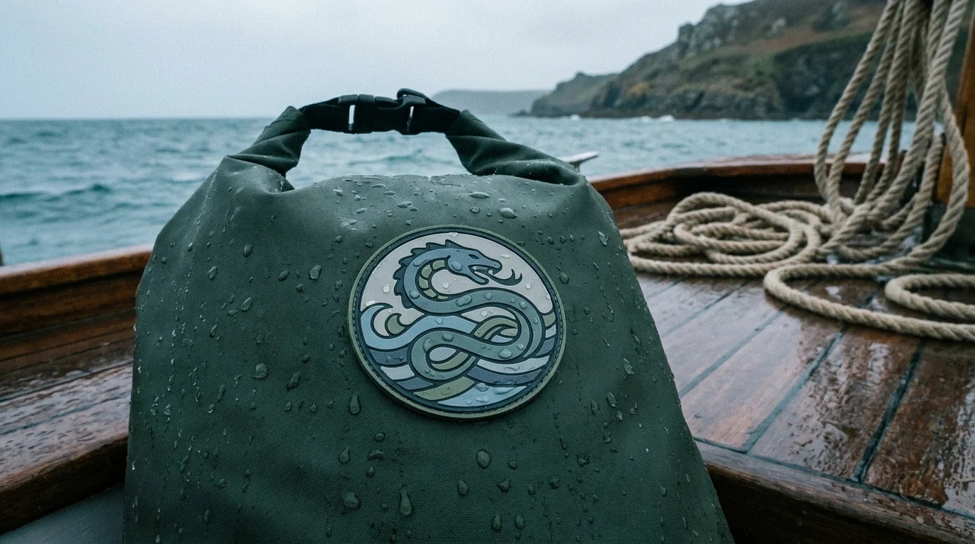 Waterproof PVC patch on a sailing dry bag in wet conditions