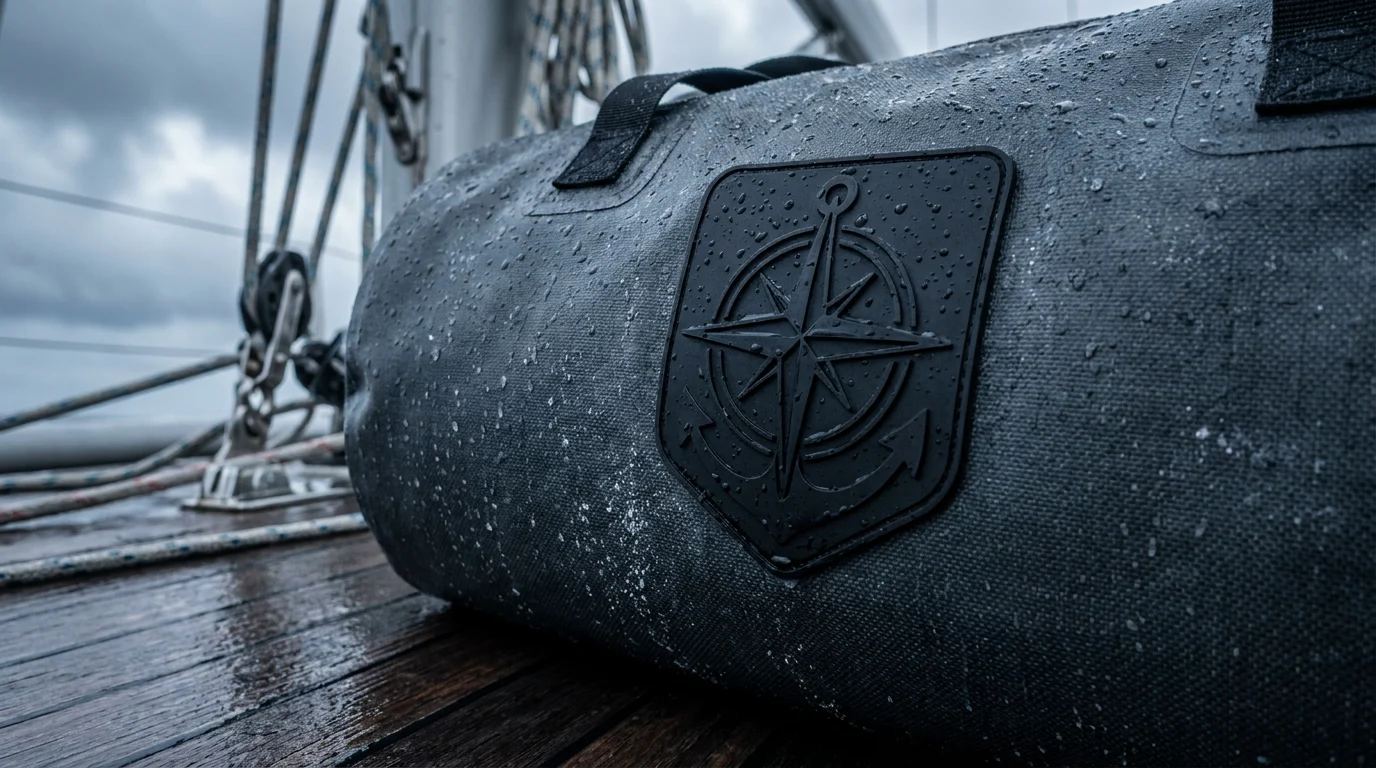 Waterproof PVC patch on a wet sailing dry bag in rain