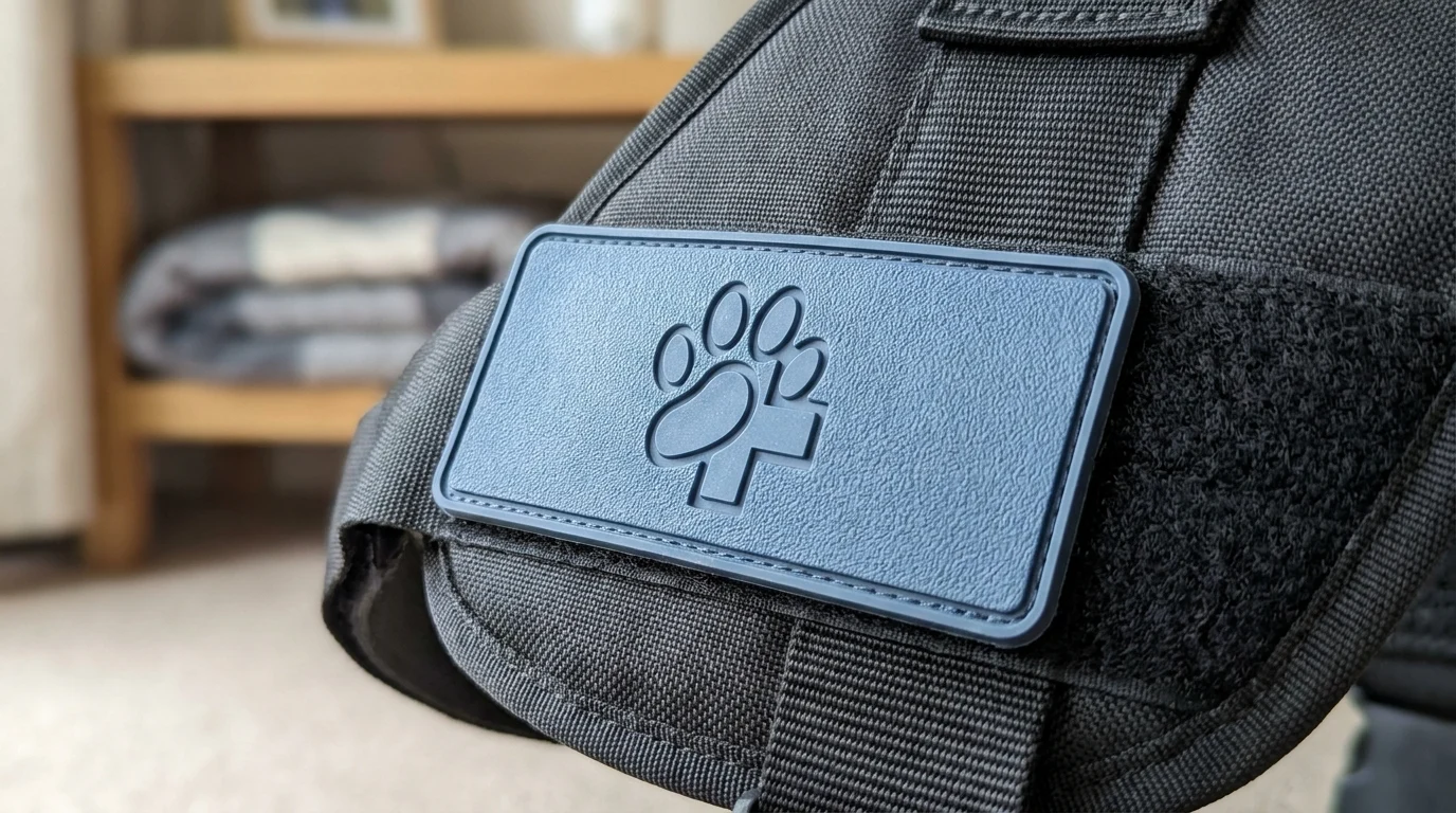 Wipe-clean PVC identification patch on an assistance-dog harness