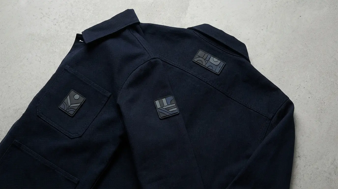 Workwear jacket showing left chest upper sleeve and back yoke PVC patch placement zones